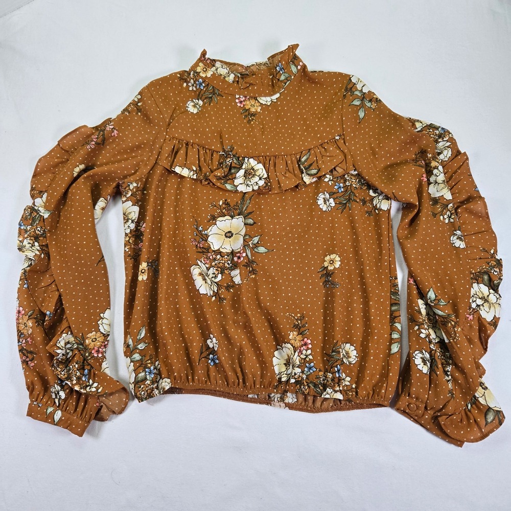 E&M Womens S Brown Floral Ruffle Blouse Long Sleeve Polka‎ Dot Boho Cottagecore